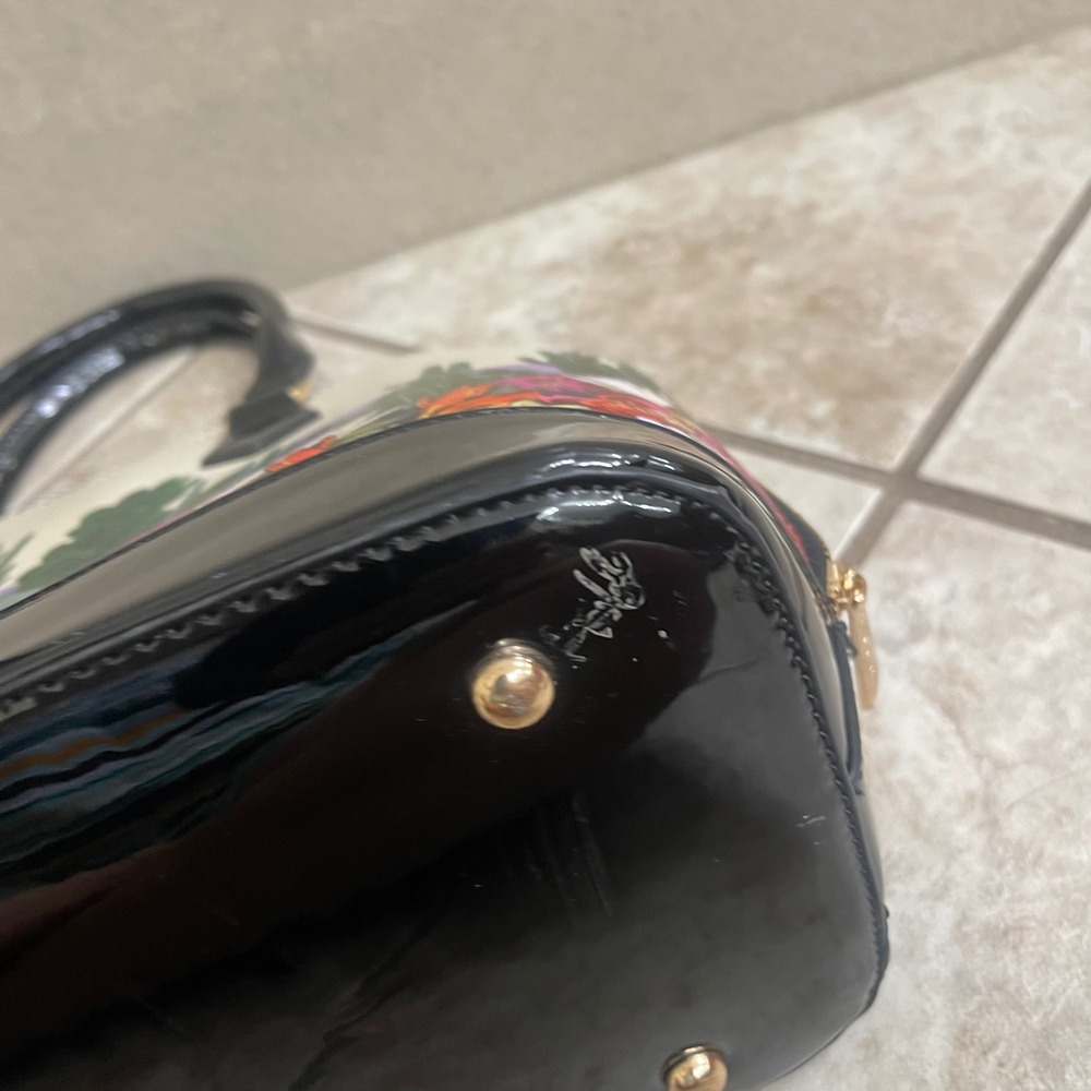 Frida Kahlo Dome Satchel Bag and Matching Coin Pouch Black Patent Cream Floral - Picture 10 of 12